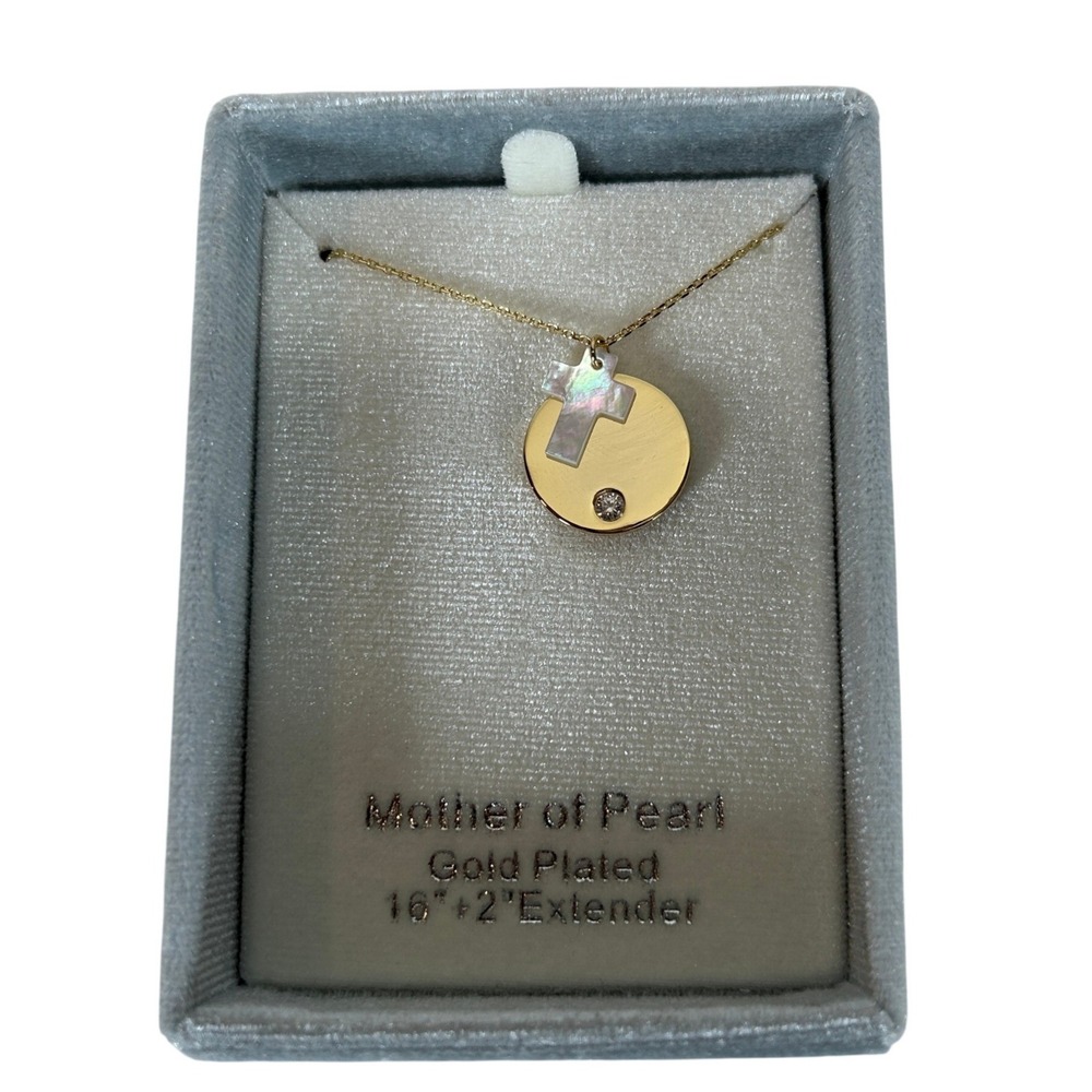City by City Gold Plated Mother of Pearl Cross Disc Necklace 16-18 Inch